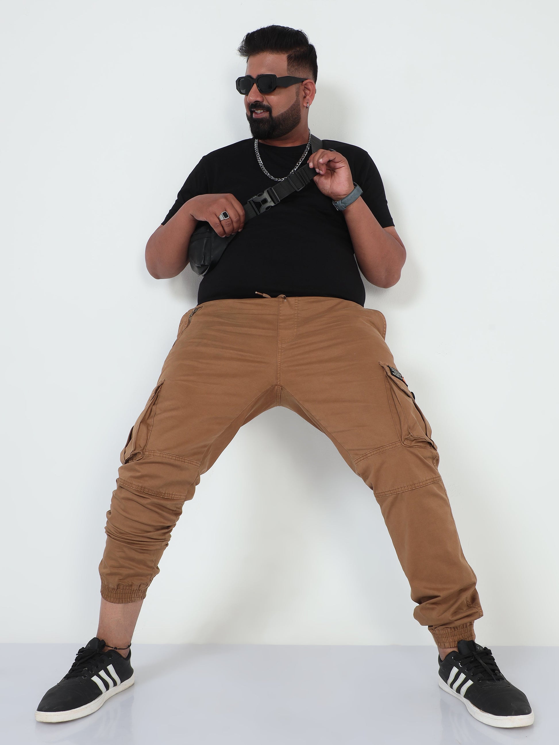 Brown Plus Size Men Cargo Joggers